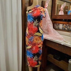 Black Coral Print Sleeveless Dress Women’s L Stretchy USA Made WIN Brand